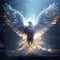 Mythical ice phoenix frozen wings, ethereal glow, soaring over icy landscapes, majestic presence