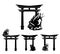 Mythical japanese fox spirit with nine tails sitting by torii gate black and white vector outline set