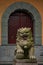 Mythical Lion statue in front of a temple inside the Xinchang Dafo temple complex