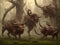 Mythical Minotaur beast creatures in dense mystical murky forest