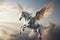 The mythical pegasus horse with spread wings against the background of a clouds