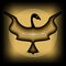 Mythologic ornamental bird silhouette, tribal symmetric drawing on black background with gold curves