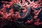 Mythological Chinese dragon in blooming sakura. Close-up. Generative AI illustration.