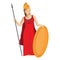 Mythological Greek Athena holding spear and shield in red dress
