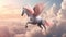 Mythological horse Pegasus flies over pink clouds