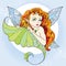 Mythological Pixie or Forest Fairy with long red hair and wings on the blue background. The series of mythological creatures