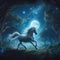 A mythological Unicorn runing into the night