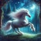 A mythological Unicorn runing into the night