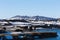 Myvatn volcano over blue lake with clear blue sky background