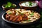 Naan roti and tandoori chicken, Indian food. Generative AI