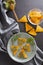 Nachos chips or corn mexican chips with pesto pasta healthy food snack, top view