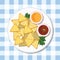 Nachos corn chips with salsa and cheese sauce healthy diet meal on plate. Vector illustration. Simple flat stock image. mexican