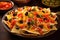 nachos covered in cheese with olives and sliced bell peppers