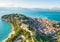 Nafplio city in Greece on green peninsula view from above at sunset