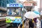 Nagasaki, Japan - 2 November 2020: Colourful tram on a rainy day in Nagasaki