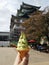 Nagoya, Aichi, Japan - Green tea soft ice cream with stick snack in Nagoya Castle while sightseeing. Common street food in the