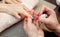 Nail artist paints nails with nail polish during the procedure of nail extensions with gel in the beauty salon.