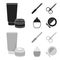 Nail file, scissors for nails, perfume, powder with a brush.Makeup set collection icons in black,monochrom style vector