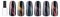 Nail polish in different fashion color. Colorful cats eye 3D nail lacquer in tips isolated white background