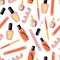 Nail polish hand drawn for beauty salon. Paint seamless pattern with sketchy nail polish jars. Cosmetic and manicure background