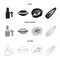 Nail polish, tinted eyelashes, lips with lipstick, hair clip.Makeup set collection icons in black,monochrome,outline