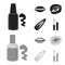 Nail polish, tinted eyelashes, lips with lipstick, hair clip.Makeup set collection icons in black,monochrome style