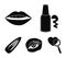 Nail polish, tinted eyelashes, lips with lipstick, hair clip.Makeup set collection icons in black style vector symbol