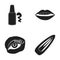 Nail polish, tinted eyelashes, lips with lipstick, hair clip.Makeup set collection icons in black style vector symbol