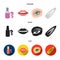 Nail polish, tinted eyelashes, lips with lipstick, hair clip.Makeup set collection icons in cartoon,black,flat style
