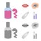 Nail polish, tinted eyelashes, lips with lipstick, hair clip.Makeup set collection icons in cartoon,monochrome style