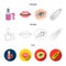 Nail polish, tinted eyelashes, lips with lipstick, hair clip.Makeup set collection icons in cartoon,outline,flat style