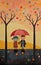 Naive Art Painting: Siblings Under A Single Umbrella