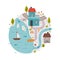 Naive City Map with Cartoon Road, Boat and House Vector Illustration