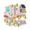 Naive City Map with Cartoon Road, Car and House Vector Illustration