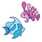 Naive stickers with oceanic fishes. Simple childish cartoon style, pink and blue palette