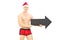 Naked guy wearing underpants and christmas hat holding an arrow