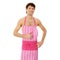 Naked man wering pink apron