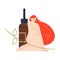 Naked red haired woman sitting near bottle with natural organic cosmetics