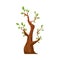 Naked tree trunk start to bloom and grow fresh green leaf, isolated. Tree in spring season, cartoon vector illustration.