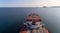 Nakhodka. Russia - August 30, 2017: Bright container on the ship of the company NYK from above.