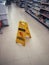 Nakhon Sawan, Thailand, May 17, 2019. Signs to be aware of slippery floors.  In convenience stores 7-11