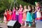 `Namaste` gesture from Caucasian and Indian children in Indian clothes
