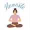 Namaste lettering with female in a lotos yoga pose. Woman practicing yoga hand drawn coloured vector illustation. T shirt, postcar