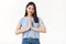 Namaste peace your house. Relaxed peaceful charming friendly asian girl press palms together buddhism gesture smiling