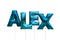 Name alex made of blue inflatable balloons isolated on white background