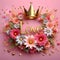 Name love, stars and gold crown, ultra realistic 3d, colored flowers.