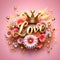 Name love, stars and gold crown, ultra realistic 3d, colored flowers.