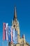 The Name of Mary Church, Roman Catholic parish church in Novi Sad, Serbia. Flags of Serbia, Vojvodina and Novi Sad.