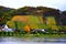 Namedy, Germany - 10 27 2020: colorful autumn vineyards above Leutesdorf and the Rhine