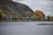 Namedy, Germany - 10 27 2020: Leutesdorf, dark cliff and the colorful vineyards